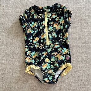 Ruffle Butts 2T Black and Yellow Floral Kids Rashguard swimsuit